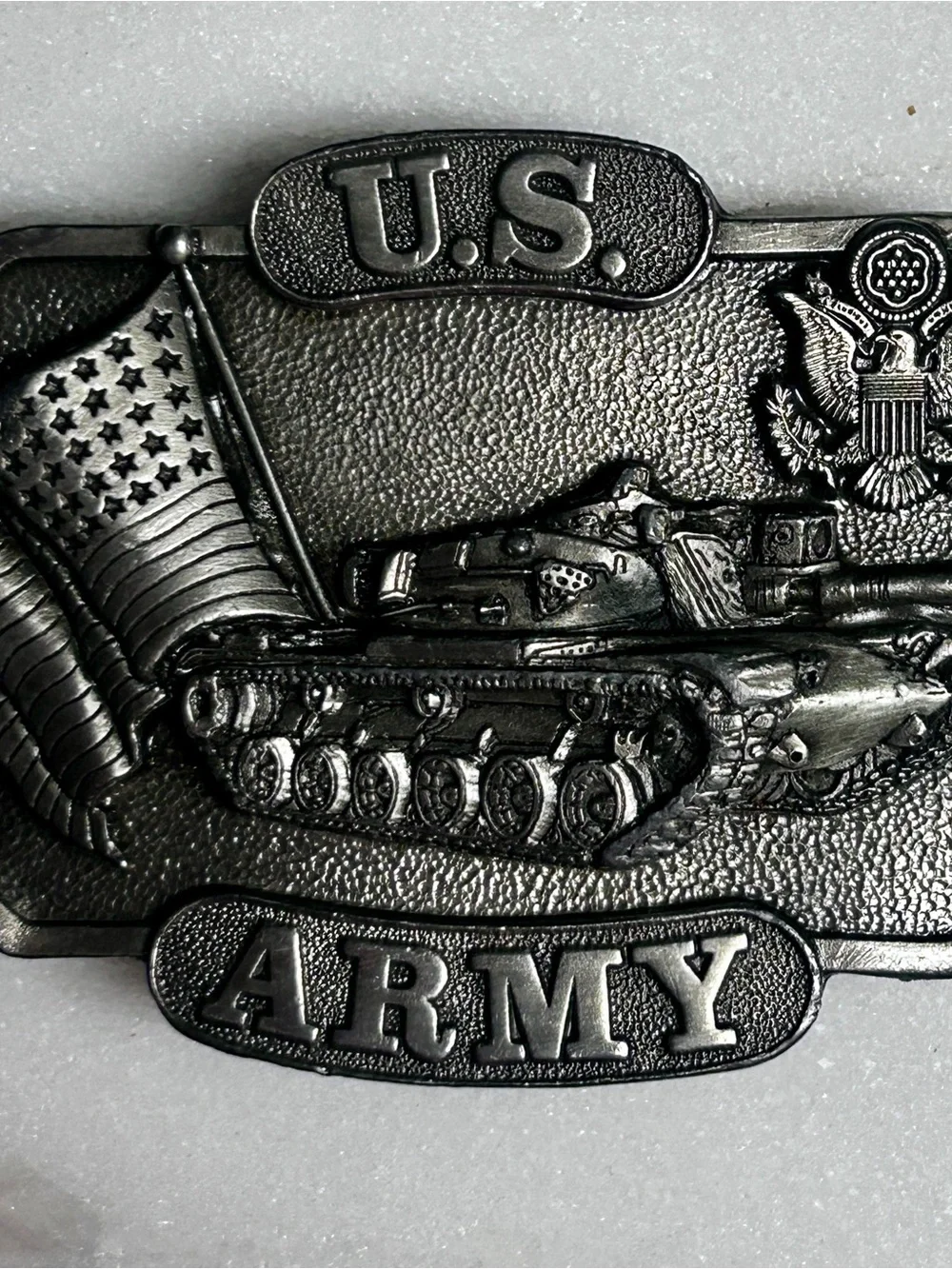 Bergamot Brass Works ~ 1982 ~ US Army Tank Flag & Seal Belt Buckle W/ Army Tank